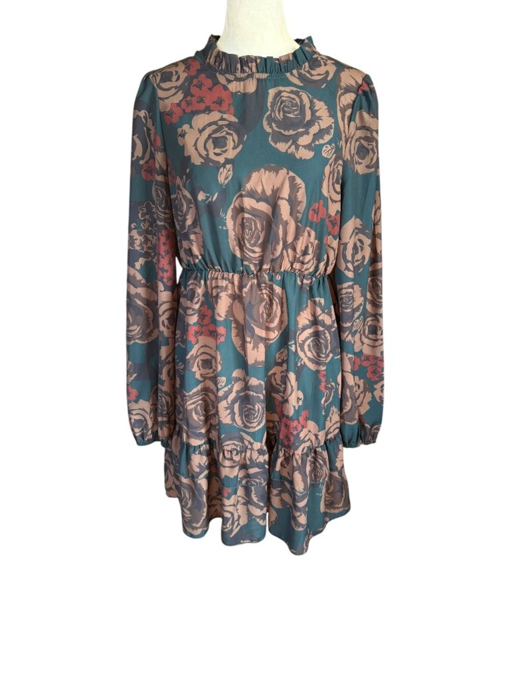 Shein women's long sleeve green with brown and tan roses ruffle dress size L